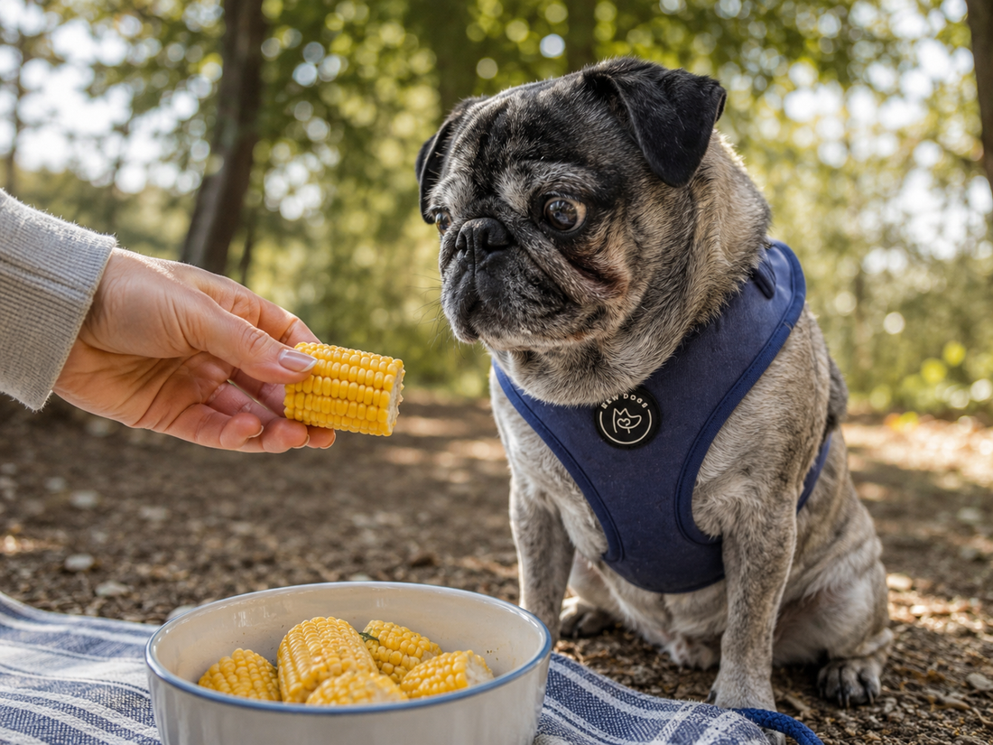 A pug wearing a well fitted new dogs harness is in the woods, with a hand offering sweetcorn from a bowl