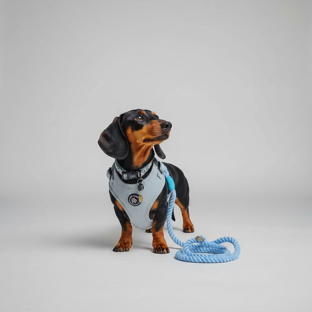 a black and tan dachshund dog wears sky blue harness and matching blue rope lead - the pale tones are the perfect match colours for this dog.
