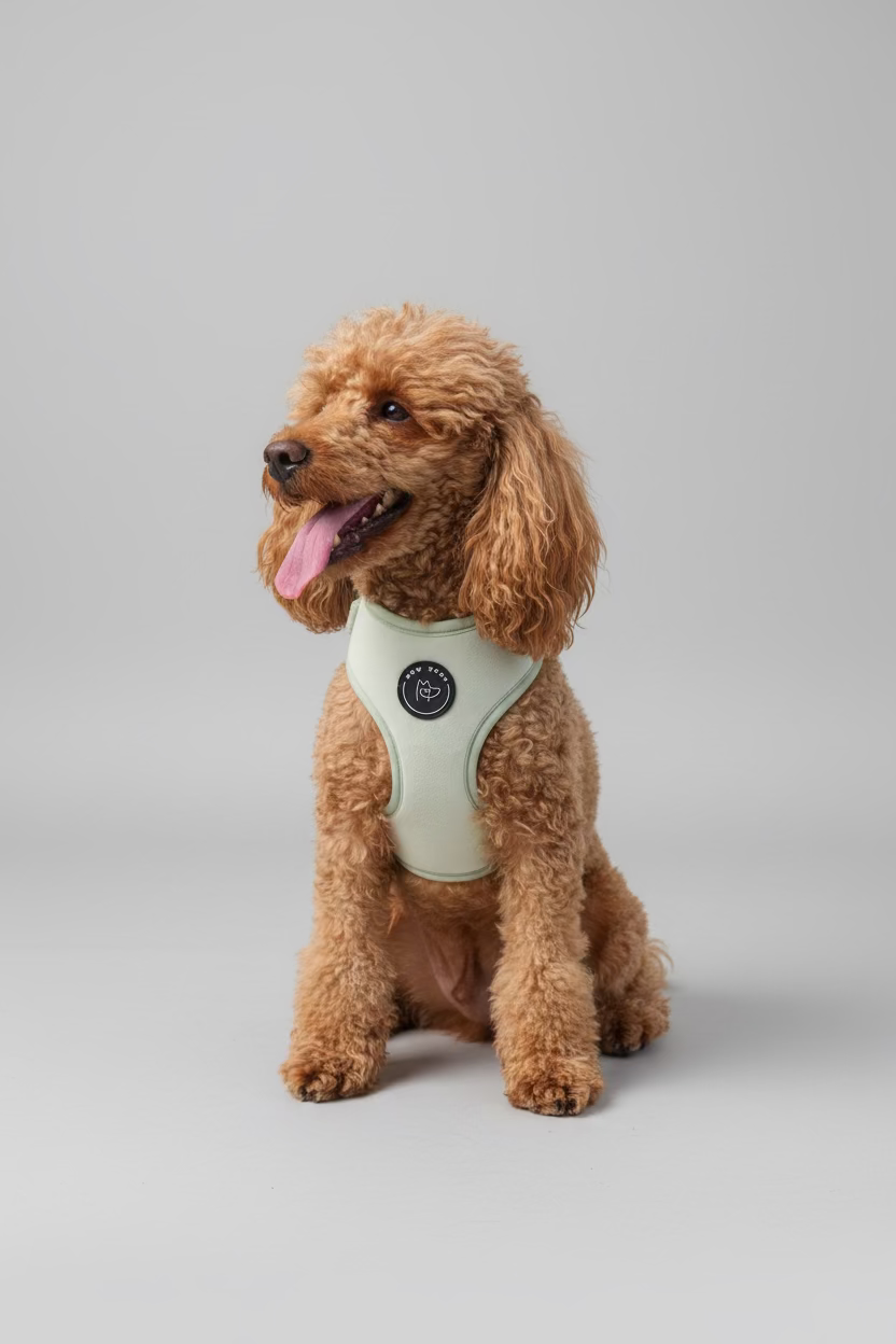 Yannis the poodle wears a perfect fitted green velvet harness, fit using the 2 finger rule. 
