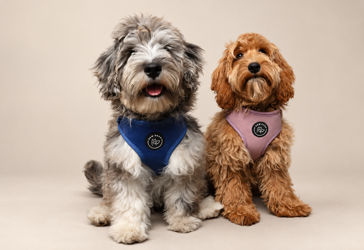 Honey & buddy, two fluffy puppies wear the midnight velvet range blue and pink harnesses, set against a studio background 
