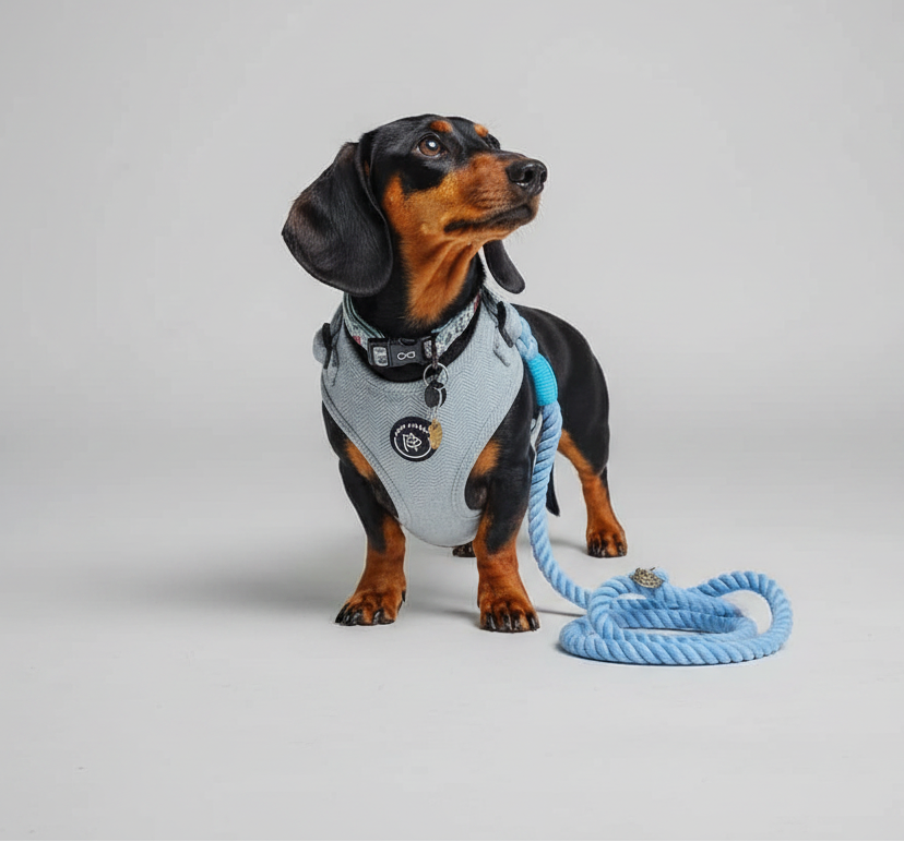 a stunning black and tan sausage dog wears a bew dogs blue herringbone harness and matching rope lead in sky blue, against a grey background