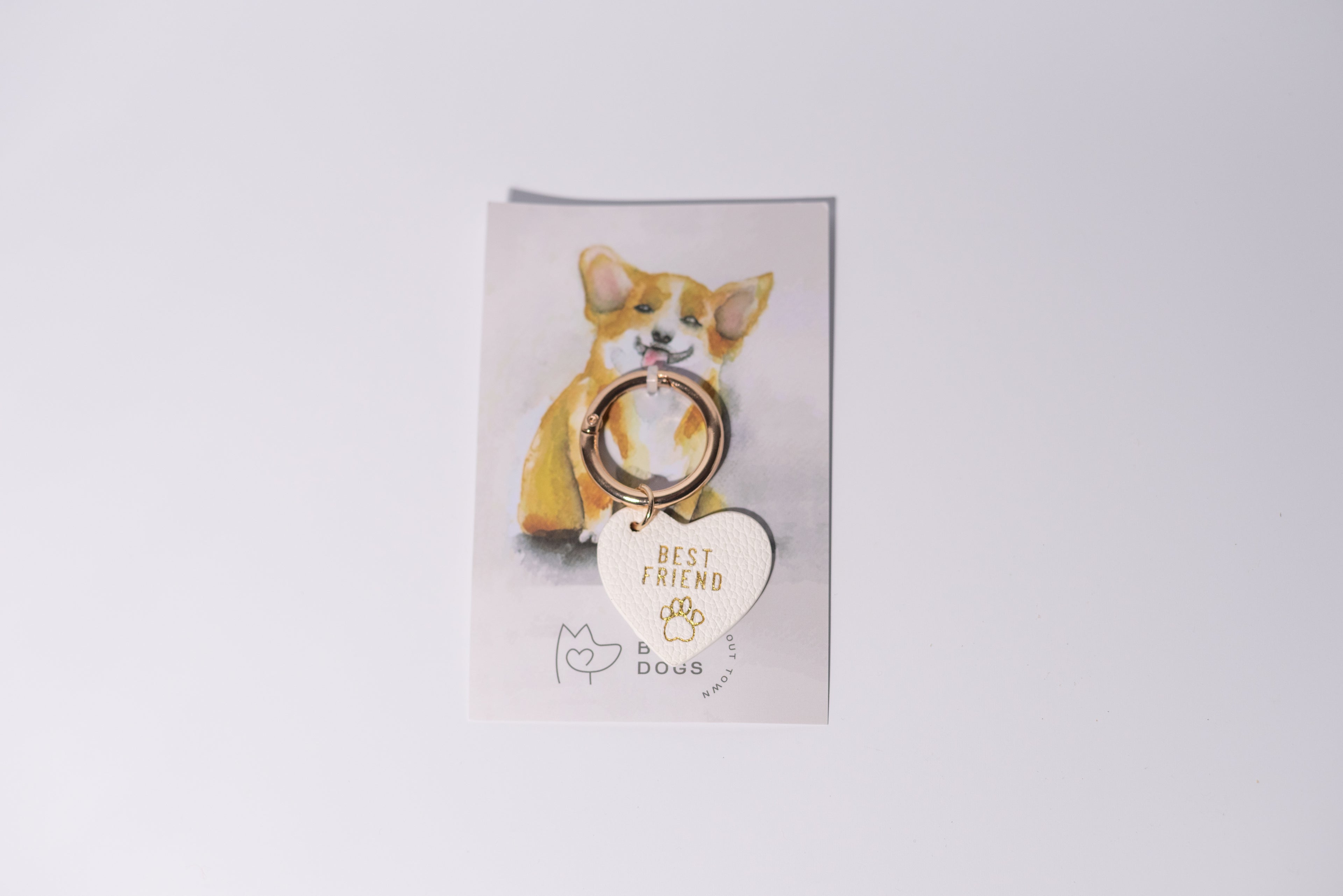 a white faux leather collar tag saying "best friend" is connected to a promo card with a cute dog on it, the item is shown against a grey studio background