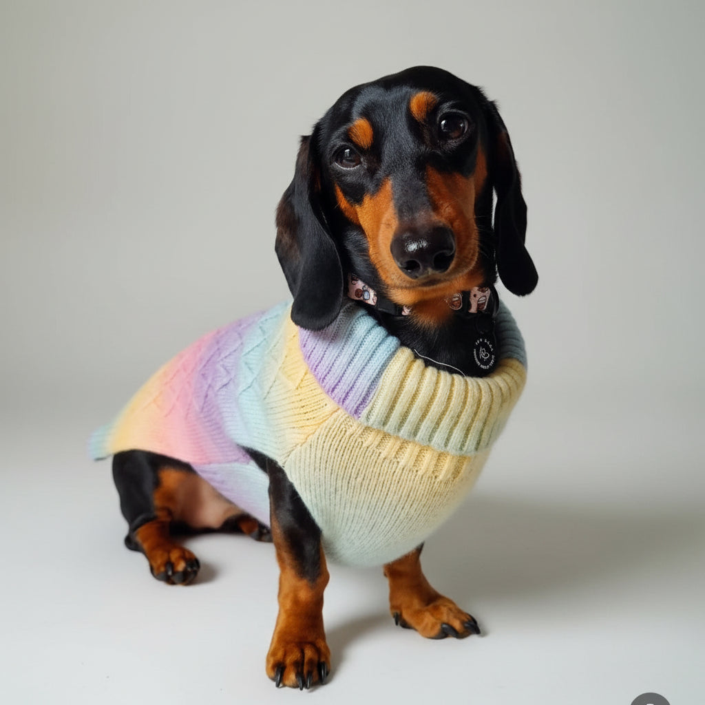 A stunning Dachshund wearing a super soft and comfortable rainbow dog sweater on a soft surface. Her jumper is a stylish and comfortable choice for everyday adventures