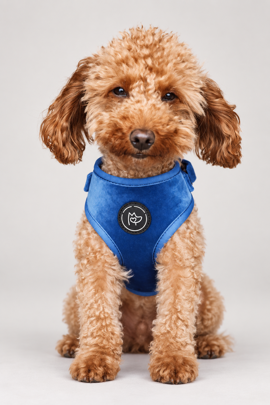 A small curly-haired red poodle wearing a signature blue velvet harness from Bew Dogs, photographed against a seamless light grey studio background.
