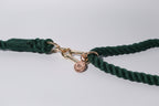 Green rope lead with gold clasp and tag on a light grey background, shown close up