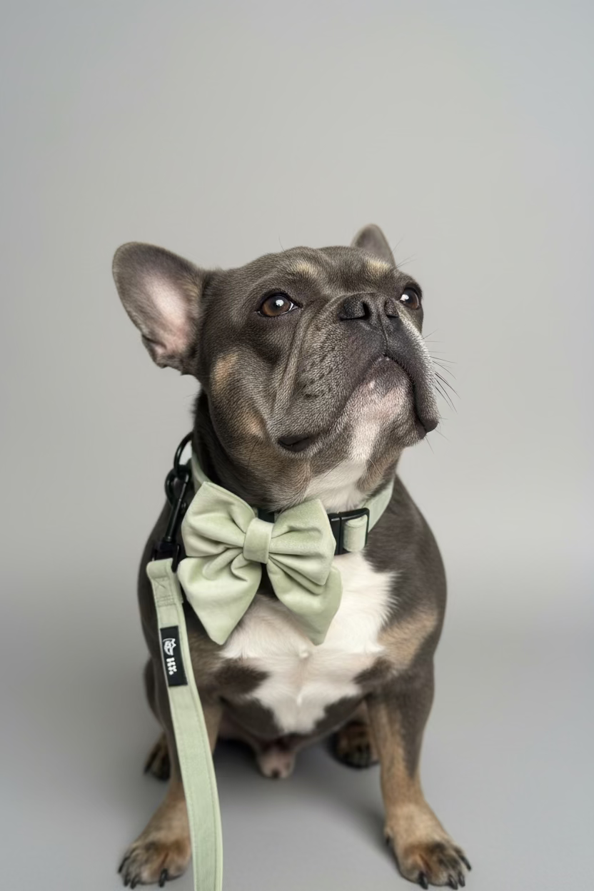 a grey and tan french bulldog with a white chest wears a sage green sundown dog collar from bew dogs with a matching green lead. the focus is on the matching green velvet sailor bow attached to his collar. set against a soft grey studio background
