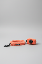  a matching peach velvet dog lead and clip on holder for poo bags, sits neatly on a grey studio background