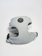 Baby blue dog harness with a Bew Dogs brand logo on a white background - high quality and adjustable