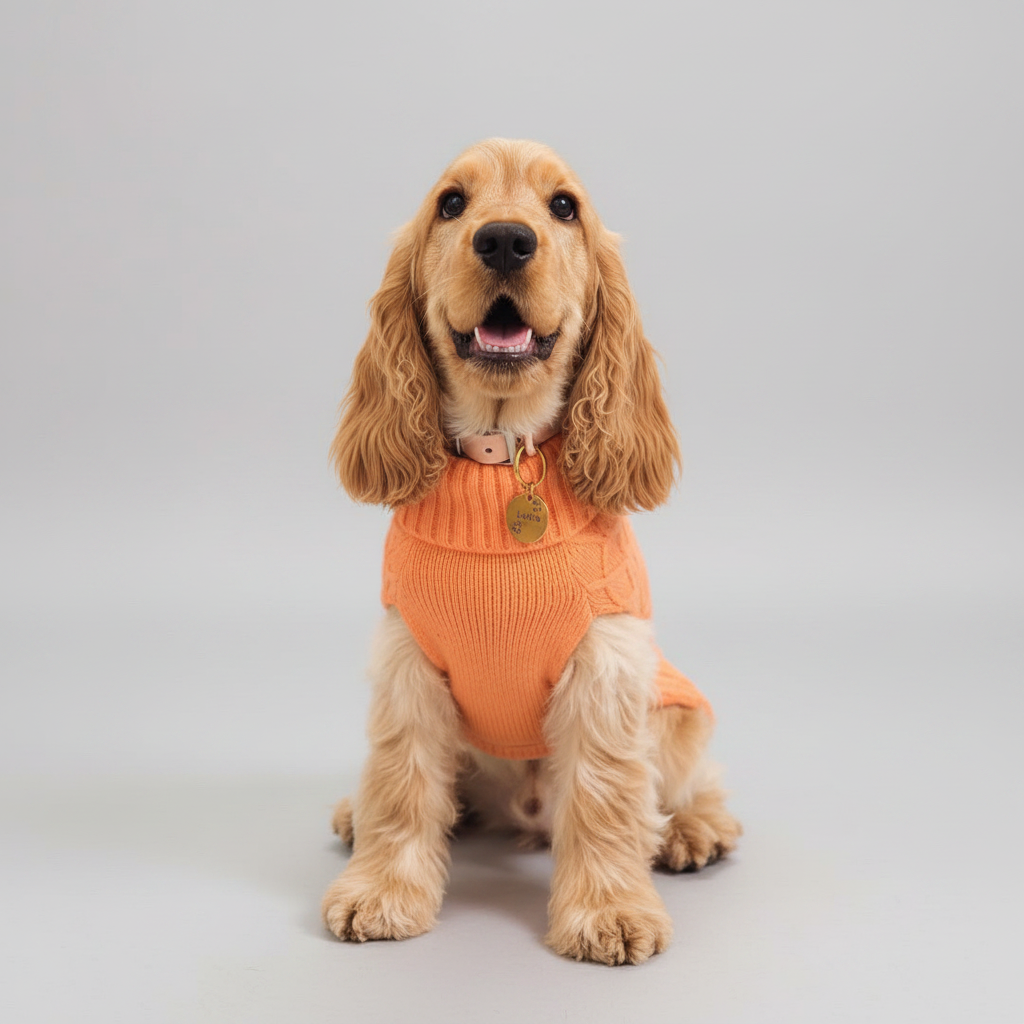 Hattie the cream spaniel wears a lux peach cable knit jumper from bew dogs, set against a studio grey backdrop 