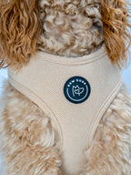 Close up of Dog wearing a beige harness with a brand bew dogs logo on a white background