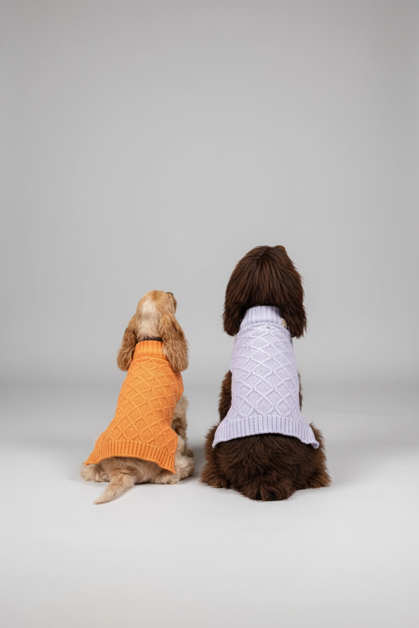 Gorgeous spaniels lady & Hattie, wear complimentary cable knit jumpers for dogs in peach and lilac - soft and comfortable 