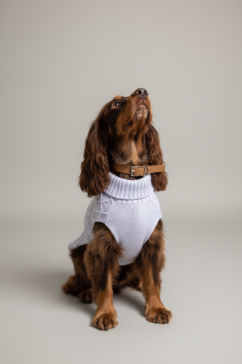 A gorgeous brown spaniel wears a stylish and soft cable knit jumper for dogs from bew dogs in lilac - set against a grey studio 