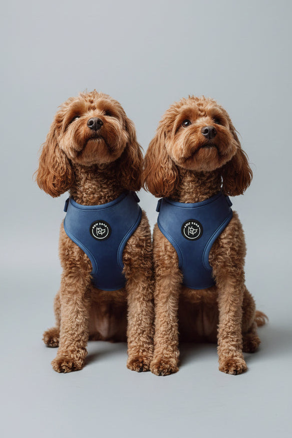 Two red poodle dogs wearing blue velvet harnesses that fit perfectly, in a professional shoot against a grey backdrop