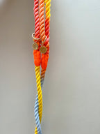 A close-up of a rope lead accessory for dogs with a gradient of orange, yellow, and light blue, featuring two small gold coin charms, hanging against a plain light gray wall - a gorgeous sundown ombre lead for dogs of all sizes 