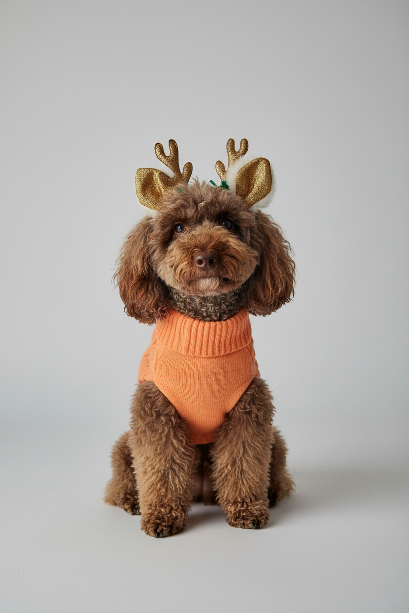 cute brown fluffy dog wearing a peach orange cable knit jumper for dogs, which is soft and machine washable. 