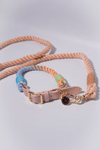 Dog collar with colorful ombre Rope design and peach rope leash on a light grey background