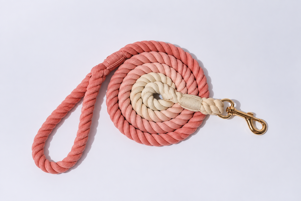 A coiled thick rope dog lead with a gradient of pink and white ombré, featuring a gold metal snap hook clasp, photographed on a clean white background.