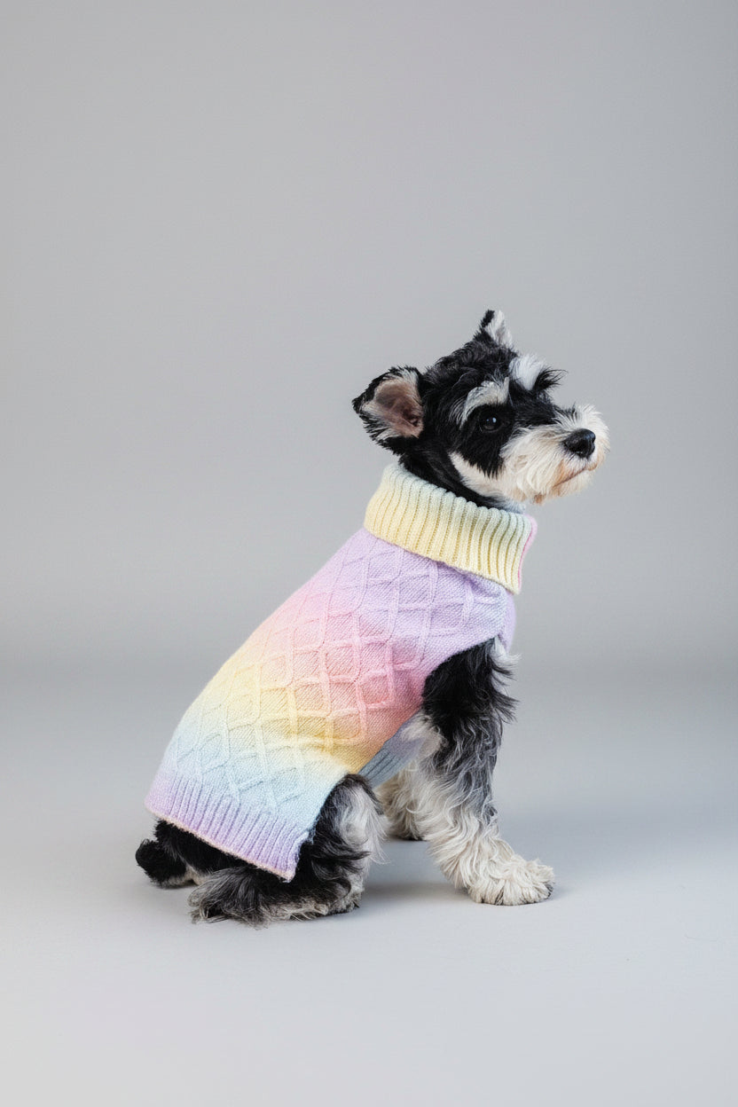 Small dog wearing a rainbow cable knit dog jumper, sitting in front of a grey background.
