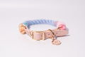 a studio shot set against a white background, of a rainbow rope collar with a gold buckle and bew dogs tag