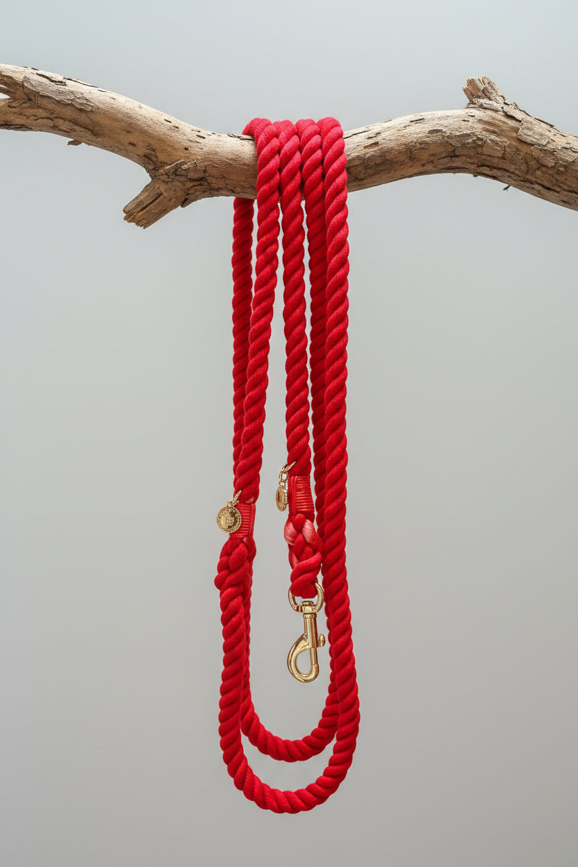 Red rope dog leash with gold clasps held by a branch, against a light grey background