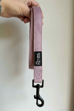 Soft pink dog lead with a Bew Dogs brand label, and black metal hardware, held by a hand against a neutral background
