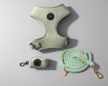 A dog walking harness set in pale sage green, including a green velvet harness, a small matching case to hold poo bags, and a thick mint green rope lead with gold-tone hardware, arranged on a light gray background - a sage green set for all dogs including size L & XL