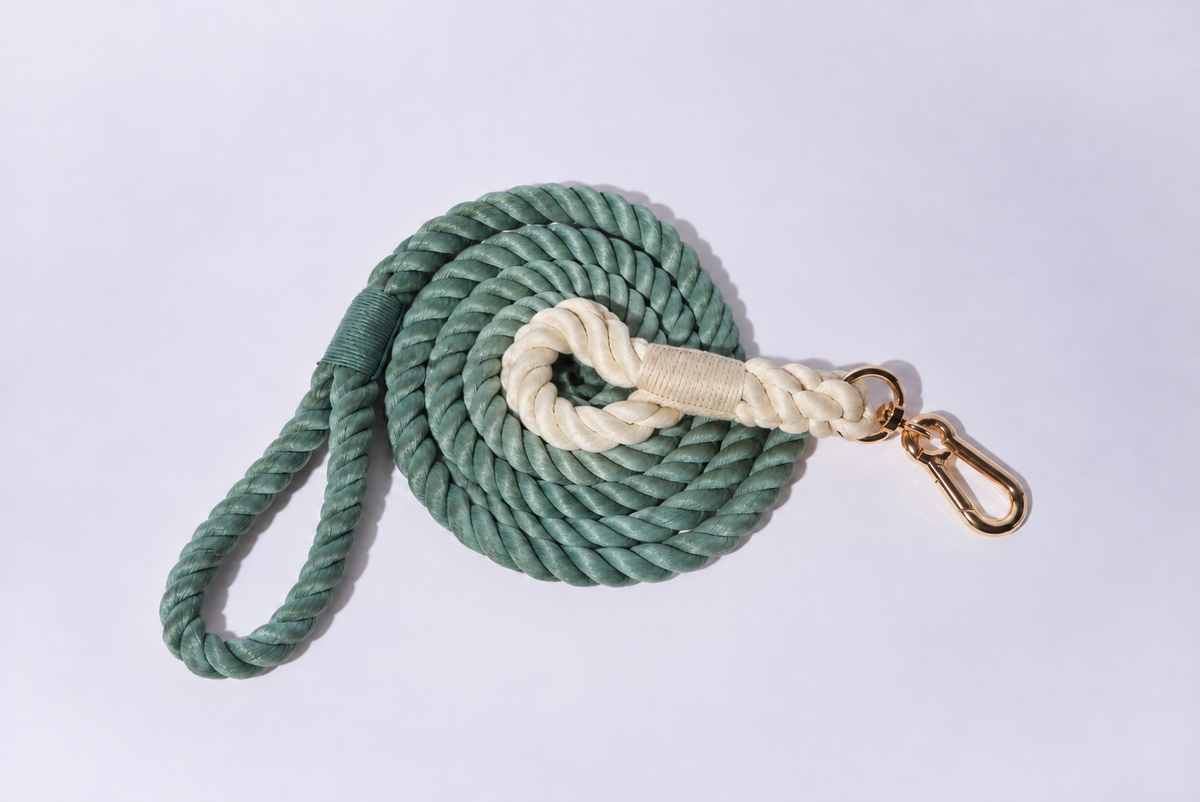 A gorgeous deep Sage two-tone, ombre rope lead For dogs, in white and green - coiled with gold Hardware against a grey studio background. This dog lead is both soft and strong and suitable dog large dogs and dogs of all sizes 