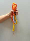 A hand with red nail polish holds a set of four thick sundown ombre rainbow rope dog leashes in orange, red, light blue, and yellow, each with a gold metal clasp, against a plain light gray wall.
