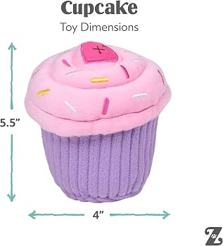 Pink and purple cupcake-shaped toy with dimensions on a white background - dog toy