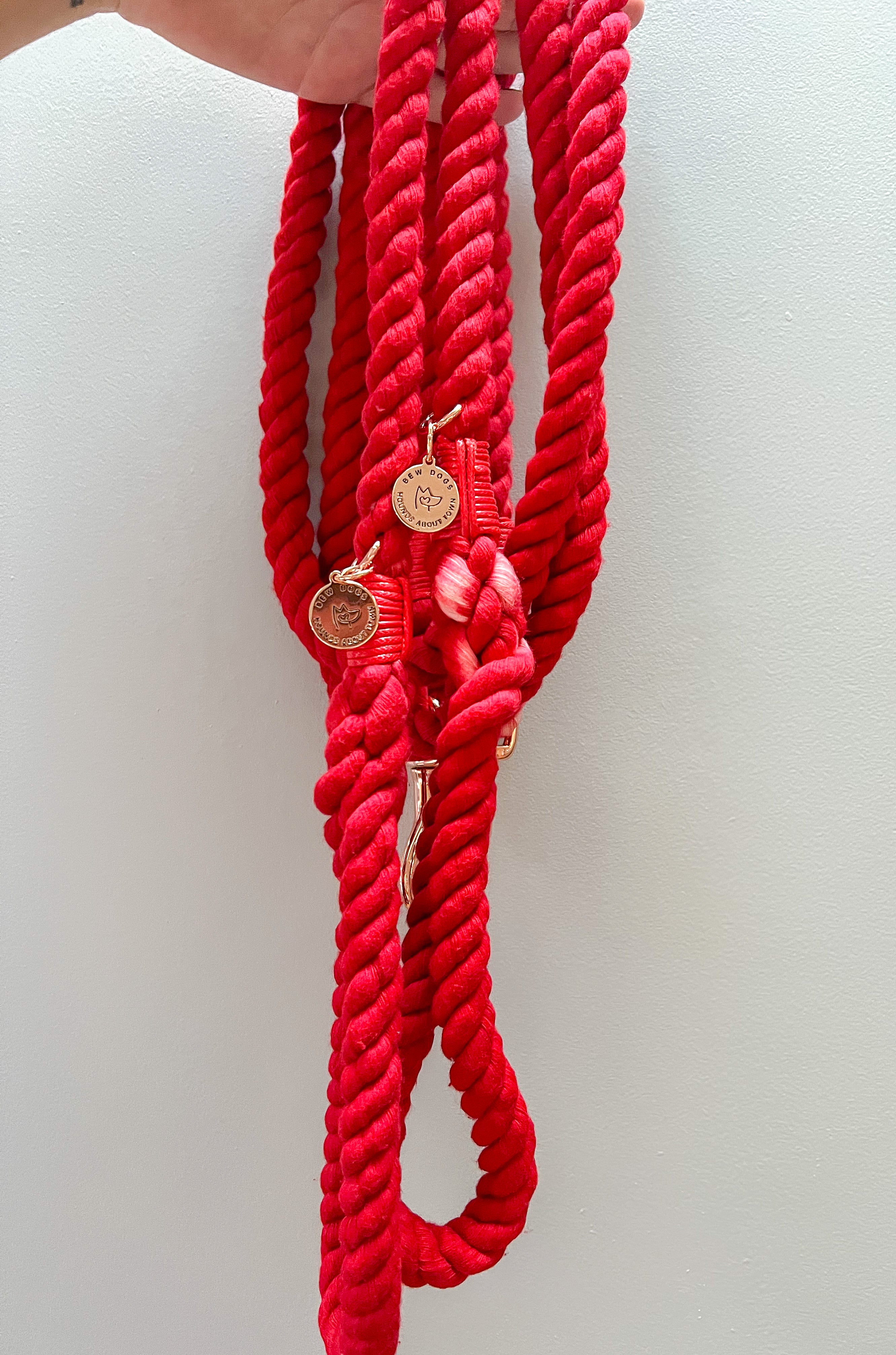 a red rope lead, with bew dogs logo, held against a light grey wall - a comfortable and soft lead for dogs of all sizes