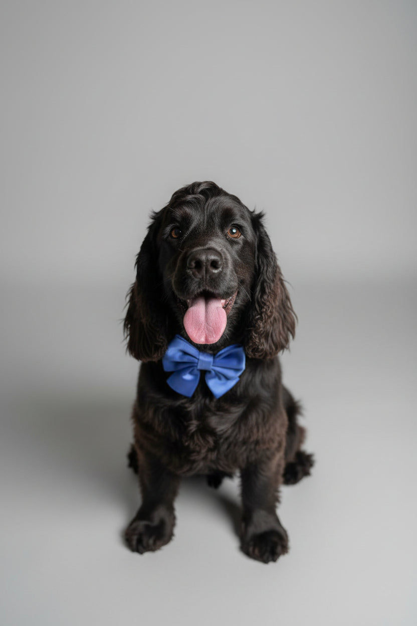 a black fluffy dog sits in front of a grey studio background, he is wearing only a blue velvet sailor bow and has his tongue out.