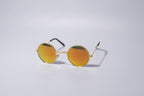 orange reflective, round sunglasses for cats and dogs sit on a grey background. 