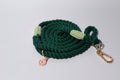 Dark Green rope dog leash with gold clasp and Bew Dogs tag on a light grey background