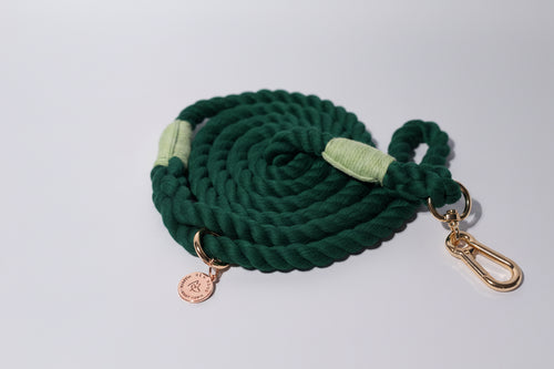 Dark Green rope dog leash with gold clasp and Bew Dogs tag on a light grey background