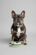 a blue and tan french bulldog wears a sage gren velvet collar walking set, with dog collar, matching lead and poo bag holder, set against a grey studio background