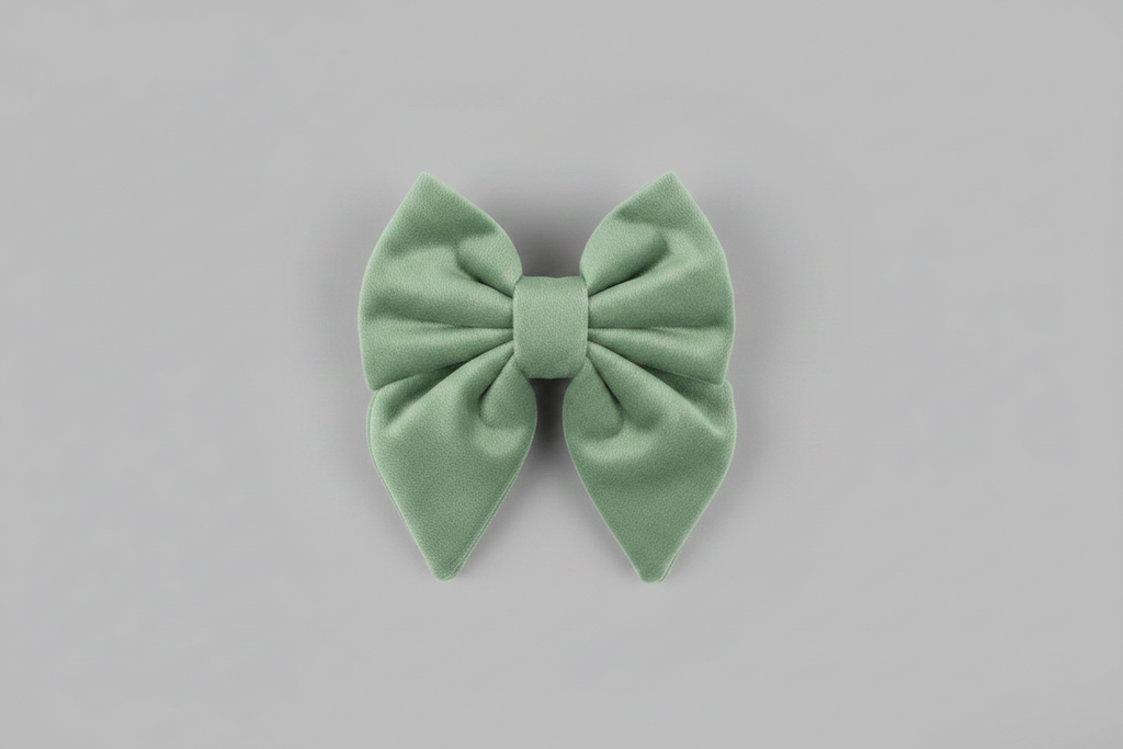 a soft, adjustable sage green velvet sailor bow for dogs, set against a grey background