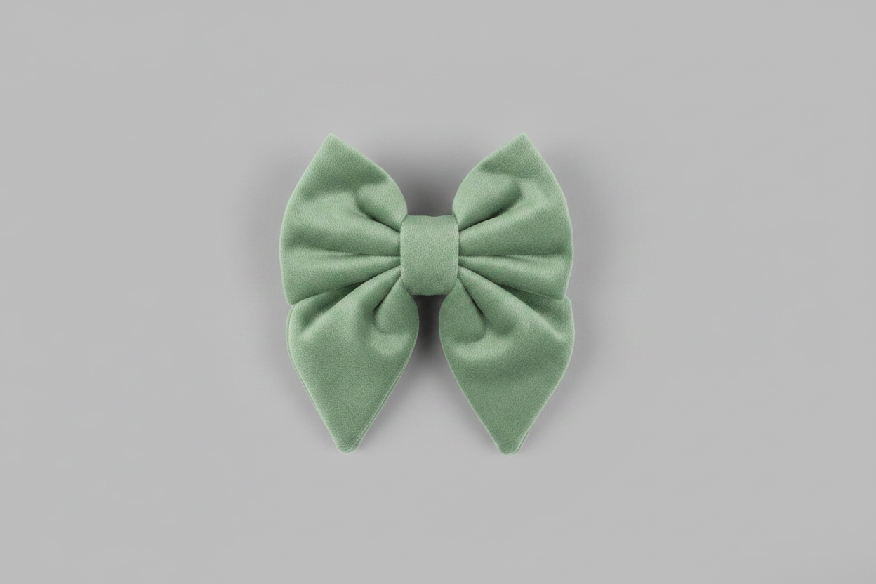 a soft, adjustable sage green velvet sailor bow for dogs, set against a grey background