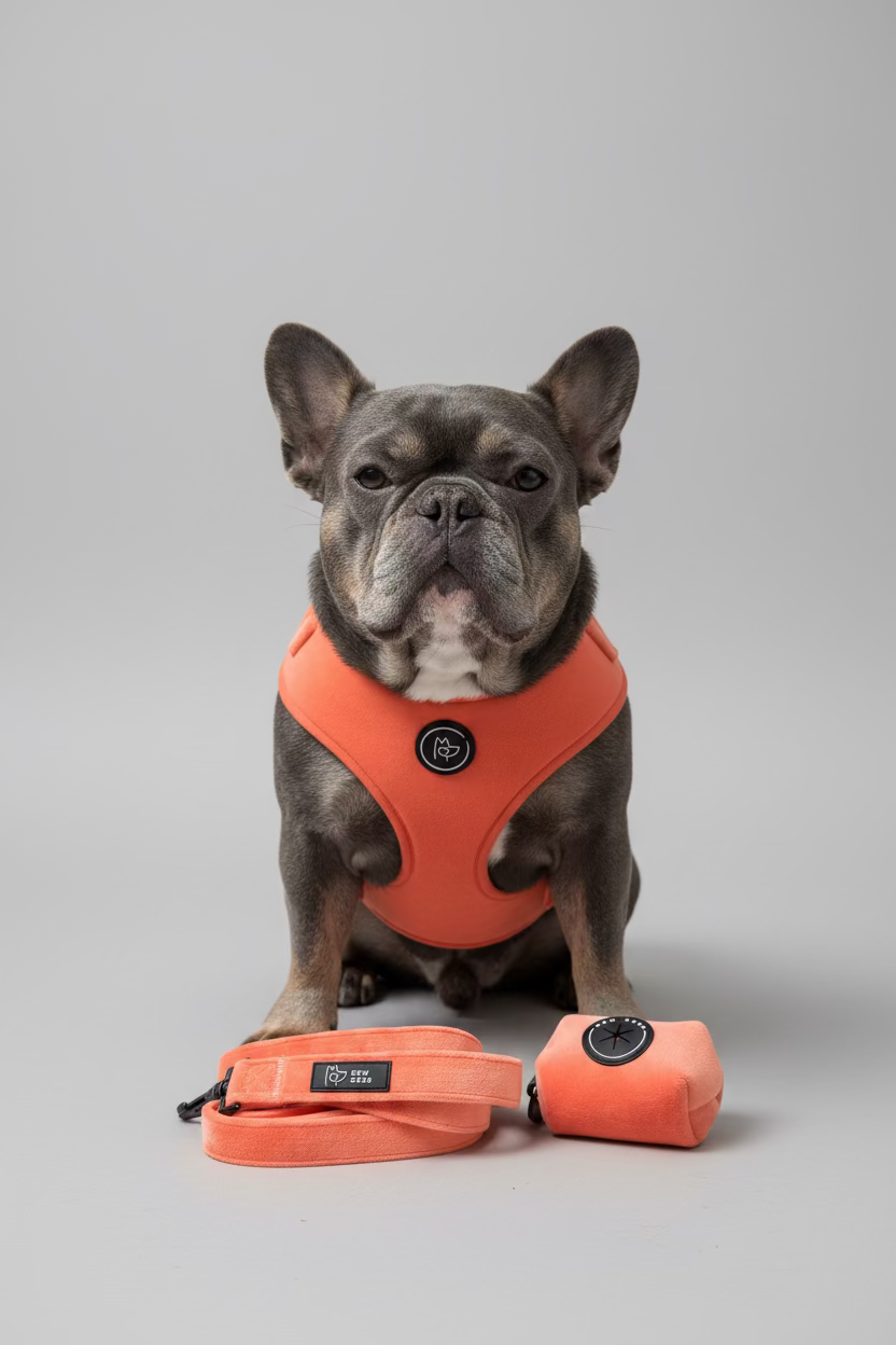 a grey and tan french bulldog wearing a large peach velvet harness, part of the walking set including peach velvet lead and poo bag holder, set on a grey background