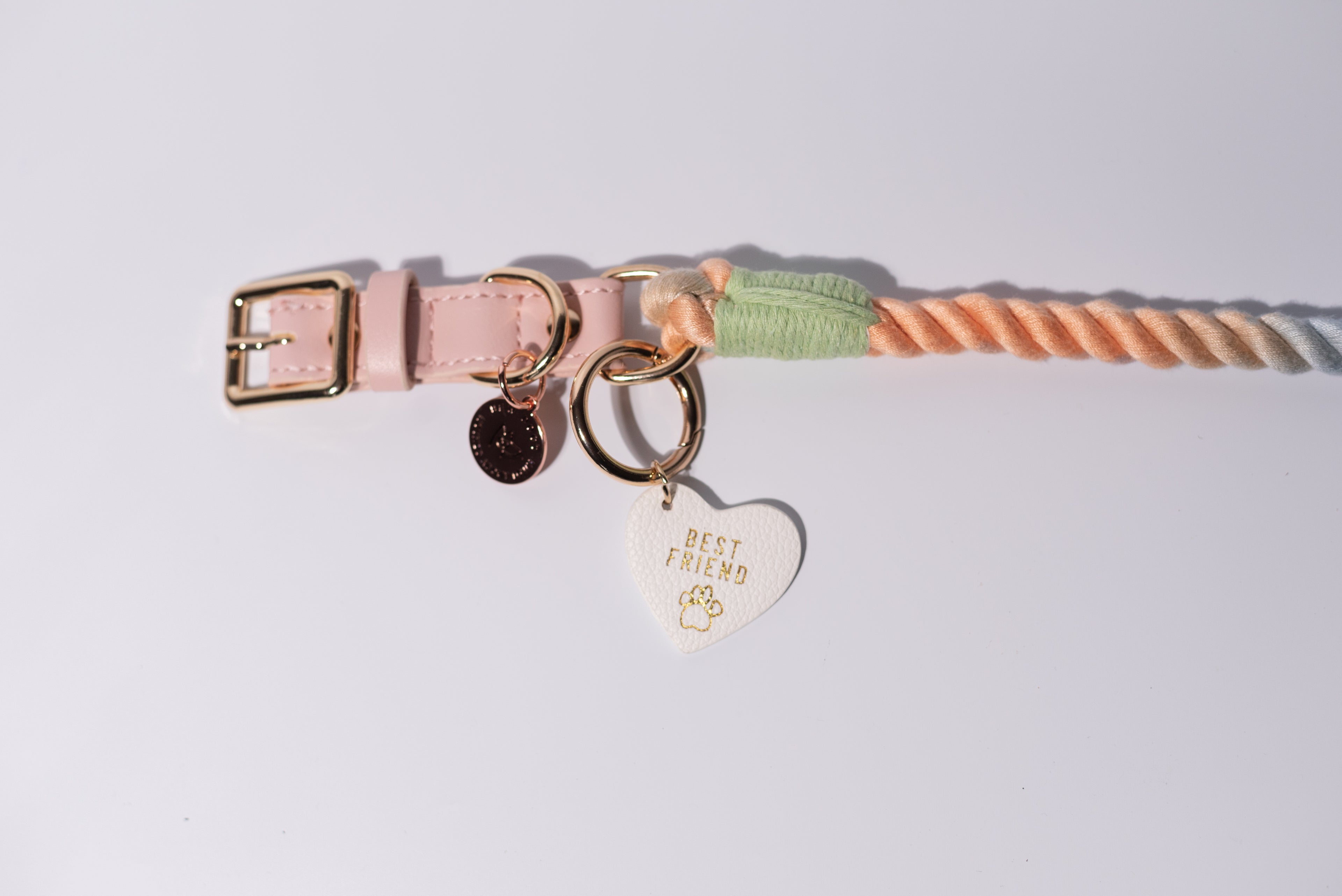 a beautiful rainbow rope dog collar, in peach and green with gold details, has a "best friend" heart shaped dog tag connected, set against a white background.
