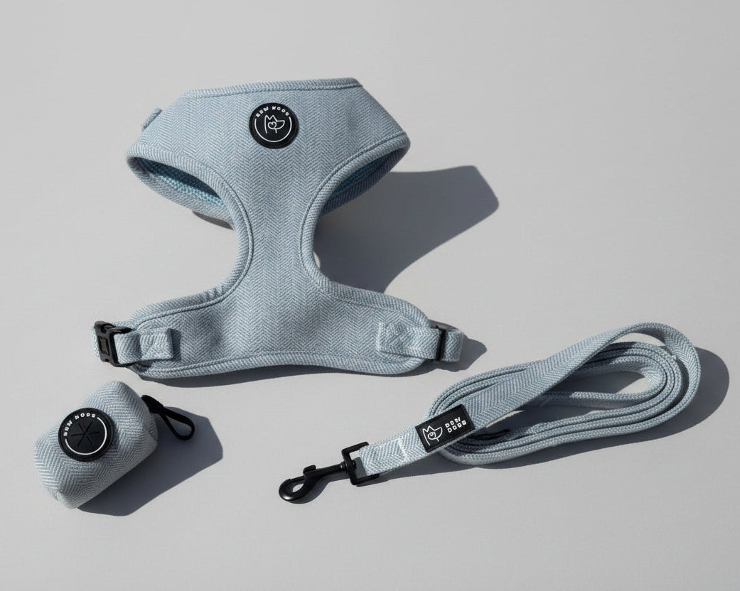 a sky blue herringbone dog walking set including soft adjustable dog harness, matching sky blue poo bag holder and leash, set against a grey studio background