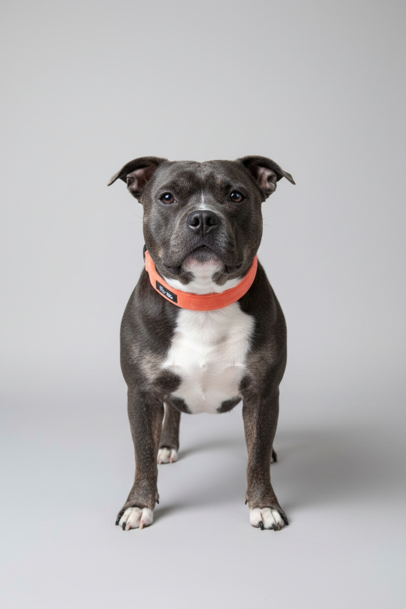 a  blue staffordshire bull terrier with white chest stands proud wearing a peach velvet dog collar from the sundown collection, against a grey studio background. 