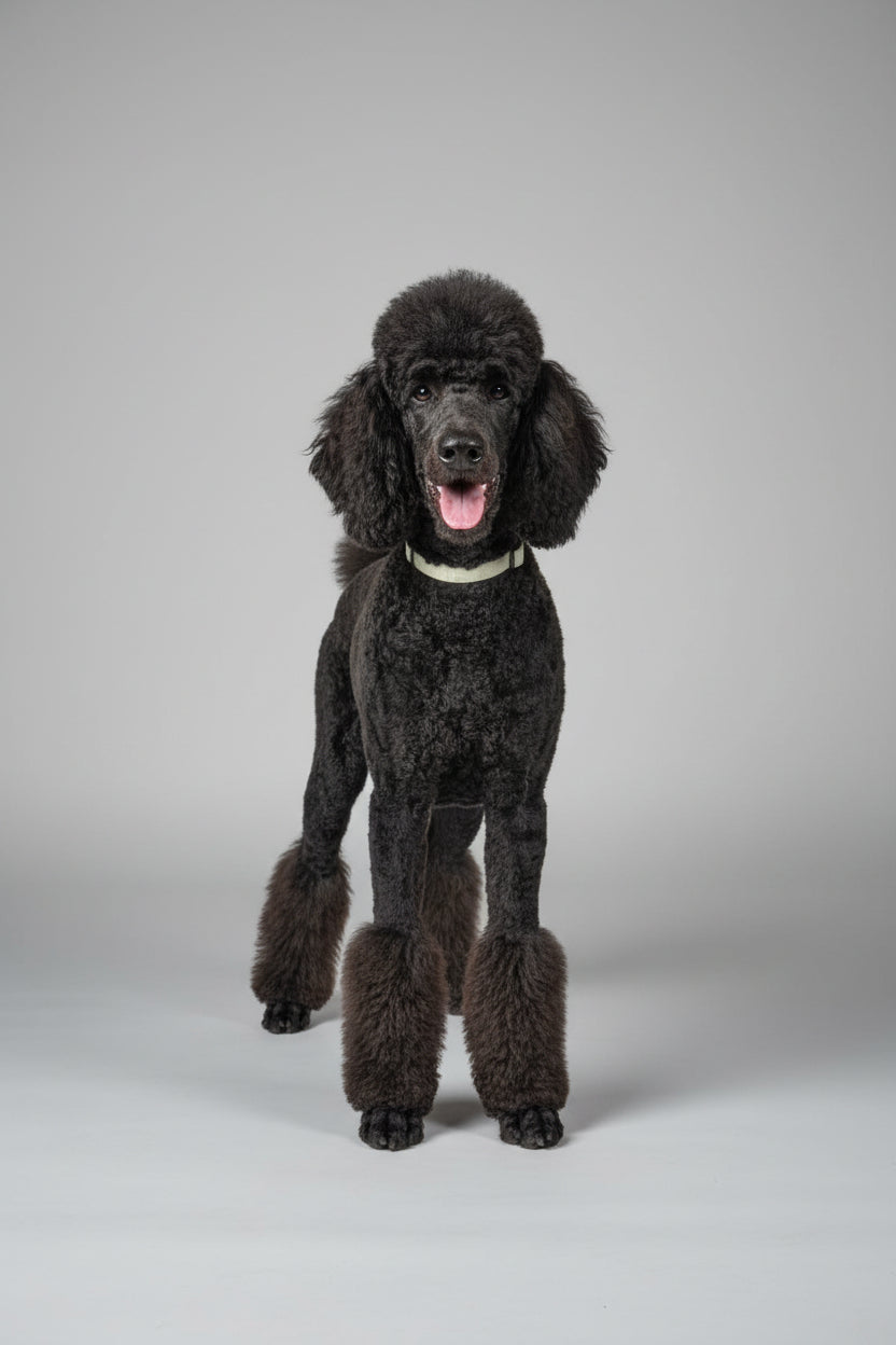 Black standard poodle standing proud, wearing a sage green velvet bew dogs collar, with pom pom feet, against a studio grey background