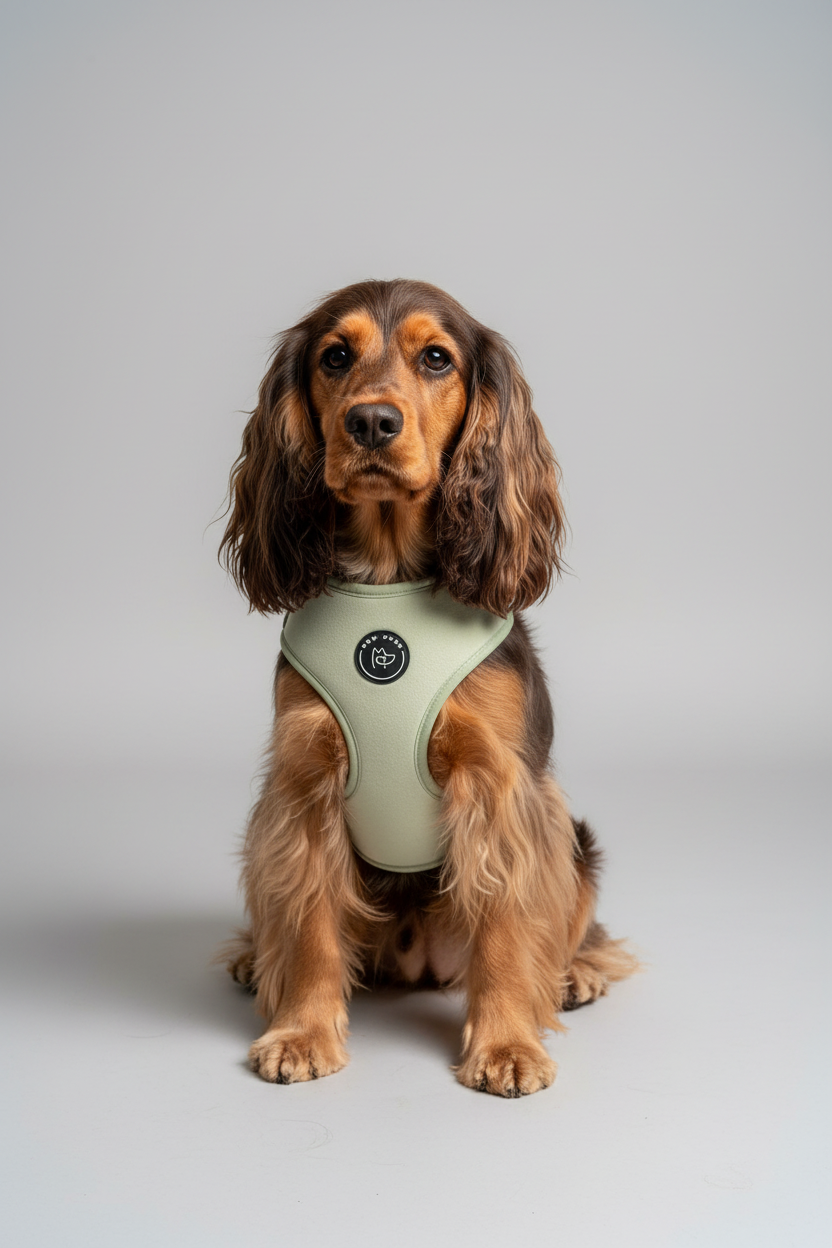 a gold and tan spaniel with long ears wears a velvet sage green dog harness, fully adjustable and super soft - she sits in front of a grey studio background