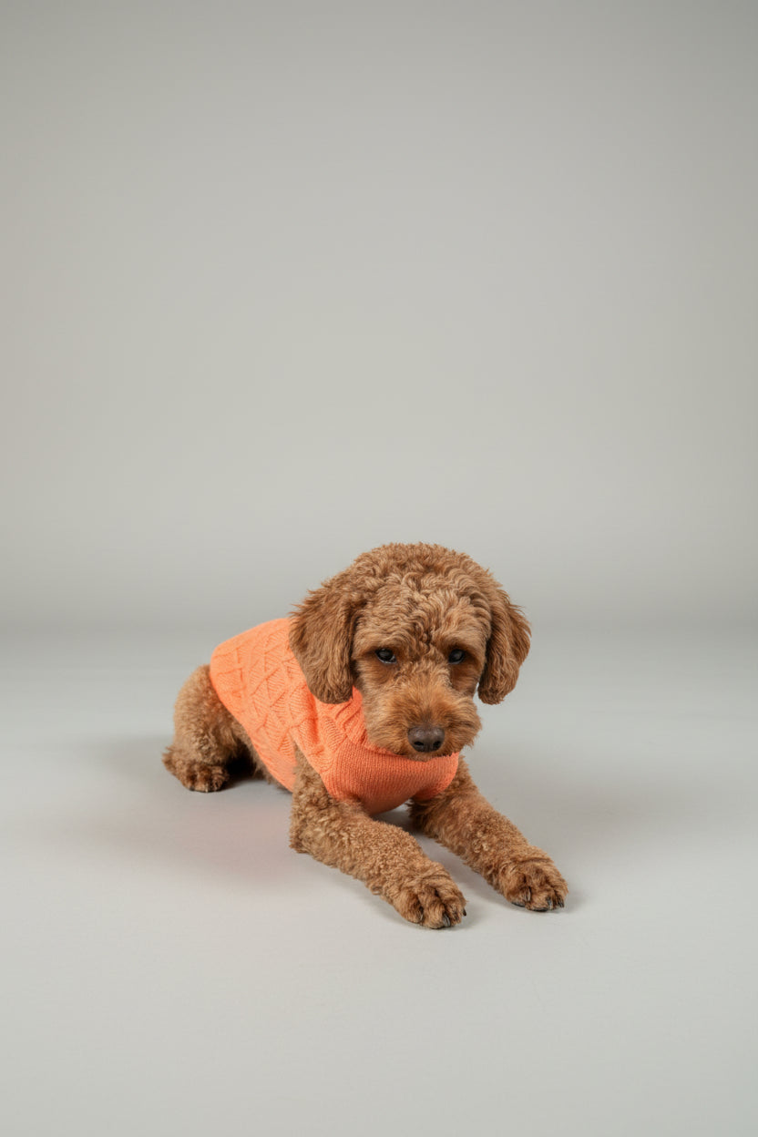small short cut poodle, wearing a peach orange dog jumper in cable knit phoenix yarn, sits in front of a grey background