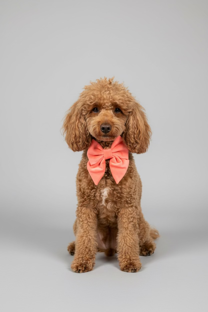 A red fluffy toy poodle sits in front of a studio grey backdrop, naked except for a stunning sundown peach velvet sailor bow for dogs.