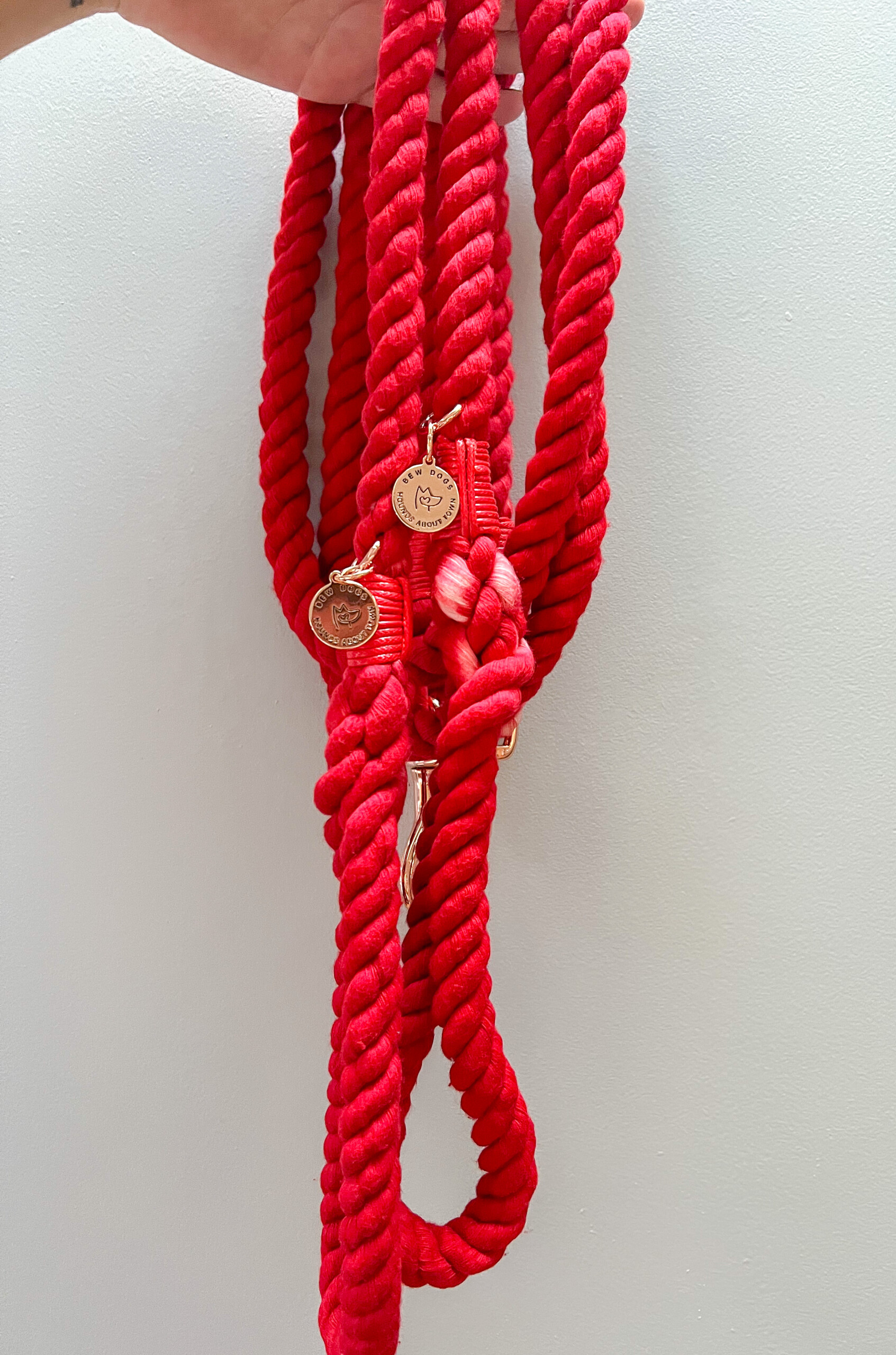 A red luxury rope lead, being held by a woman with deep and dark red painted nails against a grey painted wall