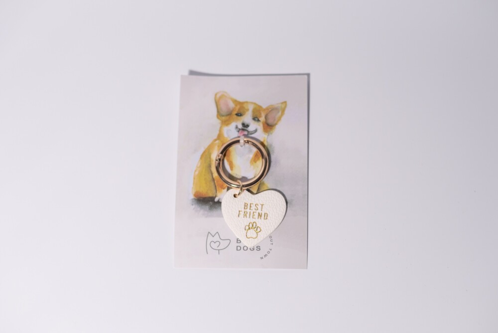 A dog collar tag that says "best friend" against a white background.