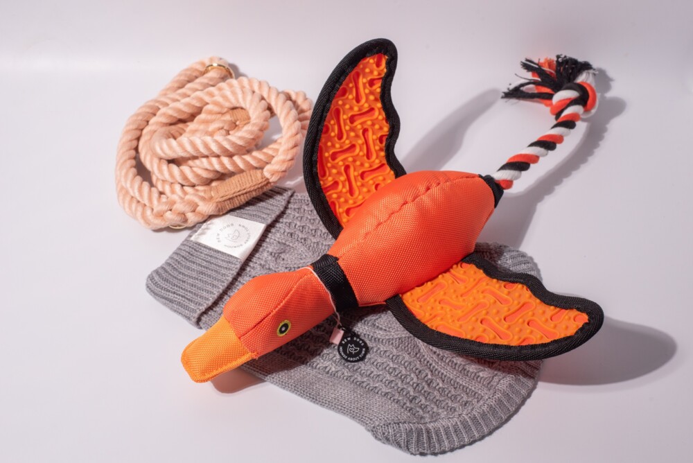 An Orange duck Toy, grey jumper and peach rope lead, against a white background