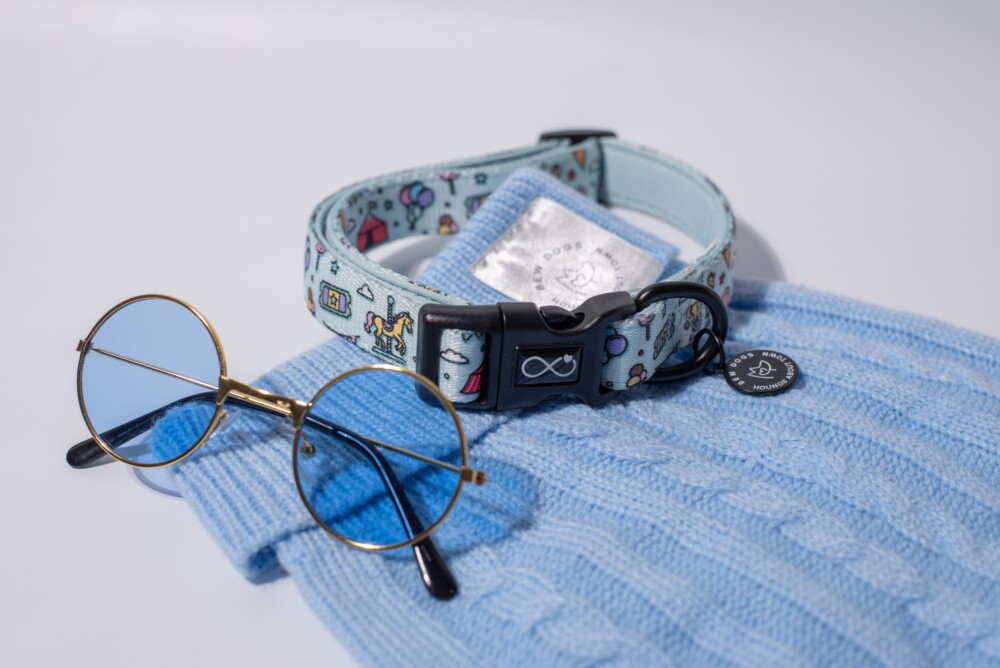 A bundle of blue items including a collar, sunglasses and cable knit jumper