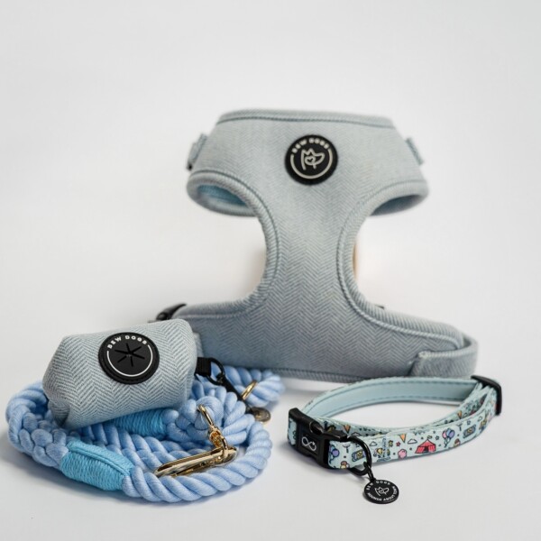A sky blue herringbone harness, matching poop bag holder and rope lead plus a blue/green collar, against a white background.